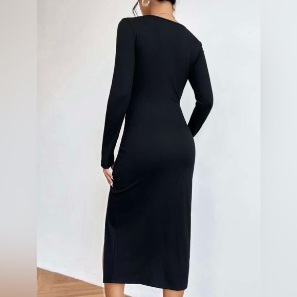 Black Long Sleeve Square Neck Split Thigh Fitted Bodycon Midi Dress - Picture 4 of 10